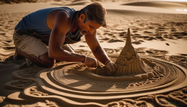 solo,short hair,brown hair,shirt,black hair,1boy,bare shoulders,jewelry,closed eyes,male focus,shorts,sleeveless,dark skin,blurry,bracelet,kneeling,sleeveless shirt,facial hair,squatting,dark-skinned male,tank top,blue shirt,beard,white shorts,realistic,mustache,sand,magic circle,closed mouth,full body,outdoors,barefoot,water,from side,bare arms,muscular,ocean,beach,one knee,waves,shore,desert,fine art parody,sand sculpture