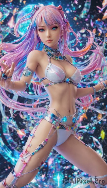 1girl,solo,long hair,breasts,looking at viewer,bangs,blue eyes,navel,cleavage,bare shoulders,jewelry,medium breasts,closed mouth,underwear,swimsuit,pink hair,bikini,multicolored hair,earrings,horns,bra,blurry,bracelet,lips,floating hair,white bikini,armlet,white bra,hair ornament,very long hair,standing,choker,necklace,stomach,collar,makeup,ring,gem,realistic