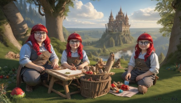 long hair,breasts,smile,bangs,multiple girls,shirt,sitting,braid,red hair,boots,outdoors,food,sky,glasses,day,pants,cloud,3girls,apron,twin braids,tree,fruit,brown footwear,table,grass,nature,scenery,hair over shoulder,sleeves rolled up,freckles,round eyewear,apple,basket,overalls,indian style,mushroom,bread,castle,map,2girls,blue sky,siblings,squatting,cloudy sky,sisters