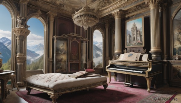 outdoors,sky,day,cloud,indoors,tree,blue sky,pillow,book,no humans,window,bed,chair,table,plant,curtains,instrument,scenery,wooden floor,mountain,fantasy,lamp,candle,architecture,pillar,castle,vase,statue,painting (object),piano,carpet,candlestand,rug,chandelier,column,canopy bed,open book,book stack,landscape,grand piano