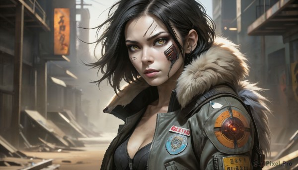 HQ,1girl,solo,breasts,looking at viewer,short hair,black hair,cleavage,brown eyes,jewelry,medium breasts,collarbone,jacket,yellow eyes,upper body,earrings,outdoors,parted lips,open clothes,teeth,day,artist name,blurry,open jacket,lips,fur trim,eyelashes,tattoo,blurry background,facial mark,piercing,hood down,wind,building,zipper,science fiction,fur collar,city,realistic,grey jacket,nose,unzipped,fur-trimmed jacket,road,cable,facial tattoo,badge,cyborg,street,cyberpunk,patch,bangs,signature,coat,blood,makeup,lipstick,messy hair,close-up,forehead,eyeshadow,injury,emblem,logo,stud earrings,eyeliner,facepaint,dirty,leather jacket,mascara,bomber jacket,dirty face