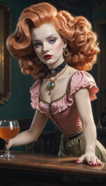 1girl,solo,long hair,breasts,looking at viewer,blue eyes,skirt,brown hair,shirt,dress,cleavage,jewelry,collarbone,short sleeves,earrings,small breasts,frills,parted lips,choker,indoors,necklace,nail polish,orange hair,blurry,cup,lips,fingernails,makeup,blurry background,table,lipstick,holding cup,red nails,corset,pendant,alcohol,eyeshadow,drinking glass,curly hair,pink shirt,hoop earrings,red lips,glass,frilled shirt,wine glass,wine,mascara,holding,artist name,watermark,gem,pale skin,realistic