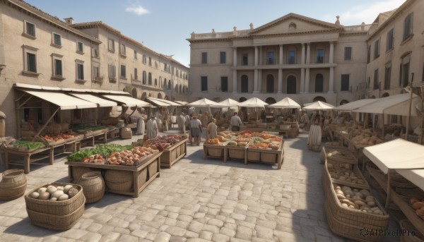 outdoors,food,sky,day,cloud,tree,blue sky,no humans,window,shadow,chair,table,building,scenery,basket,road,house,bread,meat,town,barrel,pavement,multiple boys,umbrella,fantasy,wall,food focus,rooftop,vegetable,people,sausage,crate,potato,chimney,onion,cart