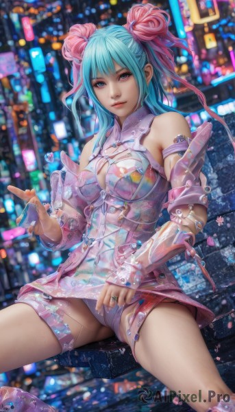 1girl,solo,long hair,breasts,looking at viewer,bangs,blue eyes,dress,ribbon,cleavage,bare shoulders,jewelry,medium breasts,sitting,underwear,blue hair,panties,pink hair,multicolored hair,detached sleeves,spread legs,hair bun,nail polish,blurry,two-tone hair,aqua eyes,lips,see-through,clothing cutout,double bun,aqua hair,thigh strap,blurry background,chinese clothes,cleavage cutout,ring,realistic,cyberpunk,hair ornament,closed mouth,hair ribbon,white panties,two side up,watermark,web address,armlet,science fiction,neon lights