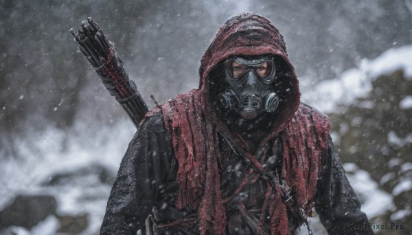 solo,looking at viewer,1boy,jacket,upper body,weapon,male focus,outdoors,hood,blurry,gun,mask,goggles,rifle,snow,hood up,snowing,weapon on back,gas mask,hat,scarf,blurry background,red scarf,mouth mask,winter,red hood