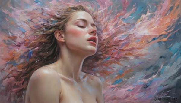 1girl,solo,long hair,breasts,open mouth,brown hair,medium breasts,collarbone,closed eyes,upper body,nude,teeth,water,lips,traditional media,realistic,nose,painting (medium),watercolor (medium),blonde hair,bare shoulders,parted lips,eyelashes,floating hair,portrait,freckles,red lips