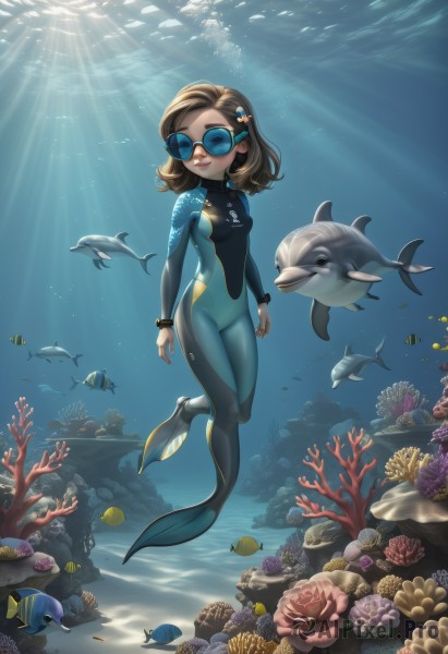 1girl,solo,breasts,smile,brown hair,hair ornament,jewelry,closed mouth,swimsuit,full body,small breasts,medium hair,bracelet,lips,bodysuit,ocean,animal,sunlight,sunglasses,goggles,skin tight,fish,bubble,light rays,underwater,air bubble,sunbeam,swimming,diving mask,turtle,coral,wetsuit,blush,short hair,closed eyes,hairclip,artist name,water,makeup,watermark,lipstick,monster girl,multicolored clothes,forehead,arms at sides,mermaid,tinted eyewear,dolphin,freediving,fish hair ornament,aquarium,blue-tinted eyewear