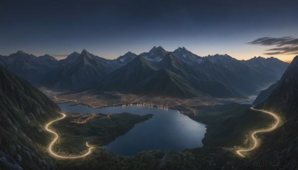 outdoors,sky,cloud,water,tree,no humans,night,star (sky),nature,night sky,scenery,forest,starry sky,reflection,sunset,mountain,river,landscape,mountainous horizon,lake,sunrise,cliff,city,fantasy,dragon,city lights