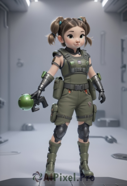 1girl,solo,looking at viewer,smile,short hair,brown hair,hair ornament,gloves,holding,twintails,brown eyes,closed mouth,green eyes,standing,full body,weapon,boots,shorts,sleeveless,black gloves,belt,indoors,hair bun,holding weapon,armor,blurry,black eyes,gun,double bun,blurry background,heterochromia,short twintails,pouch,female child,knee pads,green shorts,green footwear,green gloves,green pants,grenade,military,child,science fiction