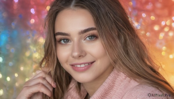 1girl,solo,long hair,looking at viewer,smile,brown hair,brown eyes,parted lips,teeth,hand up,grin,blurry,sweater,lips,fingernails,depth of field,blurry background,portrait,forehead,freckles,realistic,nose,bokeh,nail polish,eyelashes,turtleneck,thick eyebrows,pink nails,christmas tree,pink sweater