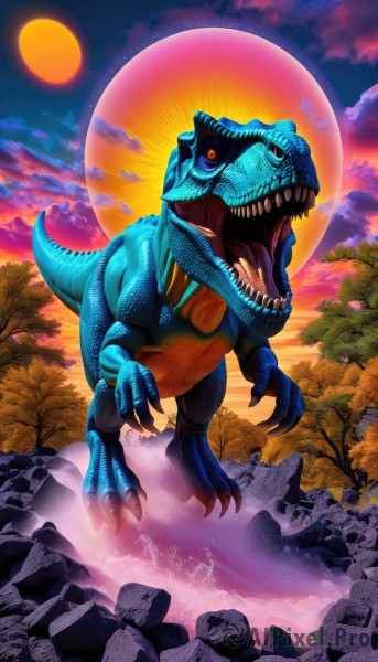 solo,open mouth,red eyes,tail,full body,outdoors,sky,teeth,tongue,cloud,water,tree,pokemon (creature),no humans,fangs,moon,cloudy sky,sharp teeth,claws,sunset,monster,rock,realistic,sun,dinosaur,kaijuu,orange sky,red sky