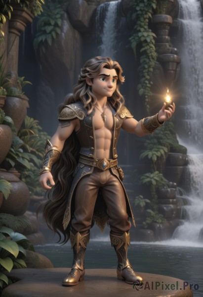 1girl,solo,long hair,breasts,smile,blue eyes,brown hair,1boy,navel,jewelry,very long hair,standing,full body,male focus,boots,open clothes,belt,pants,artist name,water,necklace,armor,muscular,leaf,watermark,wavy hair,looking away,abs,knee boots,fire,pectorals,plant,shoulder armor,toned,pauldrons,fantasy,magic,candle,bracer,brown pants,waterfall,web address