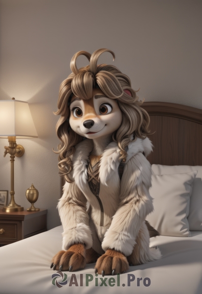 1girl,solo,long hair,breasts,looking at viewer,smile,bangs,brown hair,long sleeves,animal ears,brown eyes,sitting,closed mouth,ahoge,small breasts,artist name,indoors,pillow,fur trim,bed,bed sheet,on bed,happy,thick eyebrows,messy hair,claws,furry,animal hands,furry female,lamp,body fur,white fur,fur,animal nose,brown fur,two-tone fur,desk lamp,collarbone,tail,braid,twin braids,flat chest,all fours,dog ears,freckles