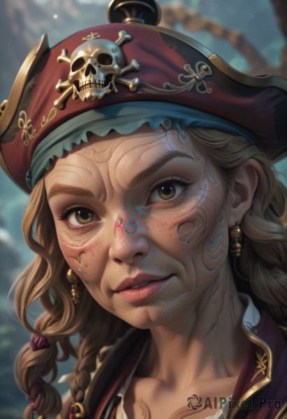 1girl,solo,long hair,looking at viewer,smile,blonde hair,brown hair,hat,brown eyes,jewelry,collarbone,braid,earrings,parted lips,teeth,artist name,blurry,twin braids,lips,eyelashes,tattoo,depth of field,blurry background,facial mark,piercing,portrait,freckles,realistic,nose,pirate hat,pirate,skull and crossbones,skull