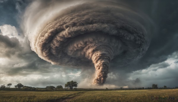 outdoors, sky, cloud, tree, no humans, cloudy sky, nature, scenery, monster, field