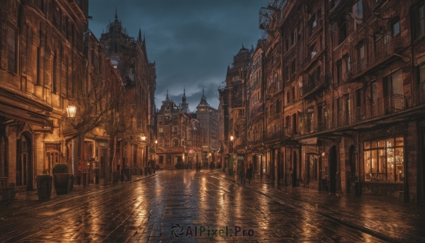 outdoors,sky,cloud,water,dutch angle,no humans,window,night,cloudy sky,building,night sky,scenery,reflection,lantern,stairs,city,fantasy,railing,road,cityscape,architecture,bridge,lamppost,street,tower,arch,plant,door,potted plant,dark,town,pavement,stone floor