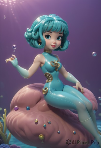 1girl,solo,breasts,looking at viewer,smile,short hair,blue eyes,gloves,navel,bare shoulders,jewelry,medium breasts,sitting,blue hair,earrings,small breasts,fingerless gloves,water,nail polish,aqua eyes,lips,aqua hair,bodysuit,covered navel,makeup,lipstick,gem,bridal gauntlets,skin tight,bubble,purple background,curly hair,underwater,air bubble,shell,blue bodysuit,jellyfish,pearl (gemstone),coral,watermark,monster girl,web address