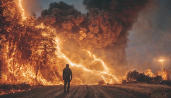 solo,short hair,1boy,standing,jacket,male focus,outdoors,sky,pants,cloud,bag,from behind,tree,backpack,cloudy sky,grass,fire,scenery,smoke,walking,science fiction,electricity,bush,lamppost,lightning,signature,night,road,wide shot