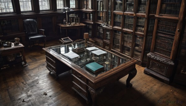 day,indoors,cup,book,no humans,window,chair,table,sunlight,box,scenery,desk,teacup,wooden floor,paper,bookshelf,lamp,shelf,book stack,ladder,globe,wooden chair