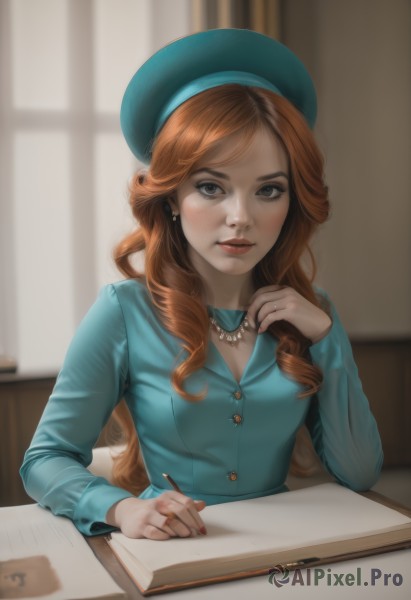 1girl,solo,long hair,breasts,looking at viewer,brown hair,shirt,long sleeves,hat,holding,jewelry,sitting,upper body,earrings,indoors,necklace,nail polish,orange hair,blurry,lips,grey eyes,book,window,makeup,buttons,blurry background,beret,table,ring,blue shirt,red nails,blue headwear,freckles,curly hair,realistic,nose,red lips,pen,pencil,notebook,pearl necklace,holding pen,holding pencil,blush,bangs,brown eyes,closed mouth,red hair,parted lips,artist name,fingernails,parted bangs,eyelashes,watermark,web address