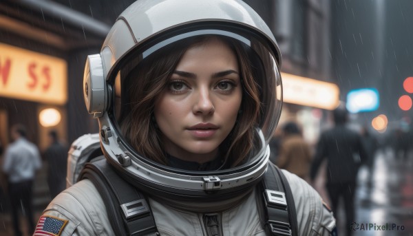 A astronaut portrayed in a vivid rainy outdoors