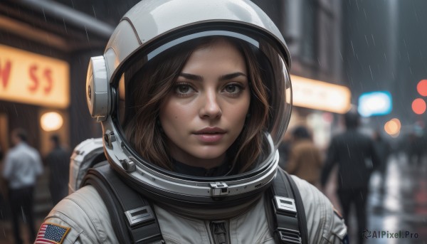 1girl,looking at viewer,brown hair,brown eyes,closed mouth,upper body,outdoors,solo focus,mole,blurry,lips,mole under eye,depth of field,blurry background,helmet,freckles,science fiction,rain,realistic,nose,american flag,spacesuit,space helmet,astronaut,solo,short hair,parted lips,backpack,portrait,dirty