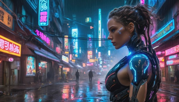 1girl, breasts, blue eyes, black hair, medium breasts, outdoors, solo focus, dark skin, from side, dark-skinned female, lips, night, science fiction, rain, city, sign, realistic, nose, cyborg, very dark skin, cyberpunk, neon lights, hologram