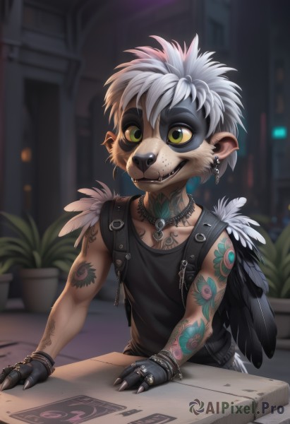 solo,smile,gloves,1boy,animal ears,jewelry,green eyes,yellow eyes,white hair,male focus,earrings,wings,fingerless gloves,necklace,blurry,bracelet,tattoo,blurry background,piercing,ring,tank top,feathers,plant,ear piercing,furry,colored sclera,potted plant,furry male,arm tattoo,lip piercing,short hair,collarbone,upper body,grey hair,multicolored hair,outdoors,teeth,black gloves,artist name,bag,vest,watermark,backpack,web address,claws,extra ears,zipper,freckles