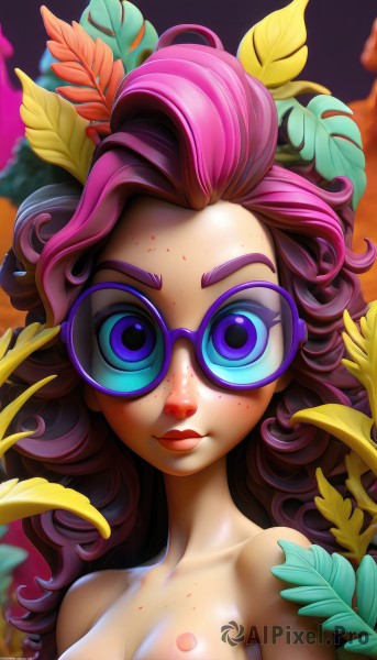 1girl,solo,long hair,breasts,looking at viewer,smile,blue eyes,hair ornament,cleavage,bare shoulders,medium breasts,closed mouth,nipples,purple eyes,collarbone,upper body,pink hair,purple hair,nude,multicolored hair,small breasts,glasses,artist name,signature,blurry,lips,eyelashes,makeup,leaf,feathers,plant,lipstick,portrait,eyeshadow,freckles,curly hair,round eyewear,tinted eyewear,body freckles,watermark,web address,purple-framed eyewear