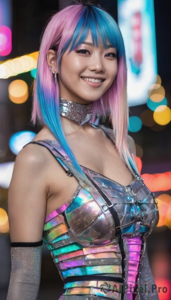 1girl,solo,long hair,breasts,looking at viewer,smile,bangs,gloves,cleavage,bare shoulders,brown eyes,jewelry,medium breasts,blue hair,upper body,pink hair,multicolored hair,earrings,teeth,choker,elbow gloves,medium hair,grin,blurry,two-tone hair,gradient hair,depth of field,blurry background,piercing,sharp teeth,realistic,bokeh,dress,collarbone,lips,fangs,fishnets