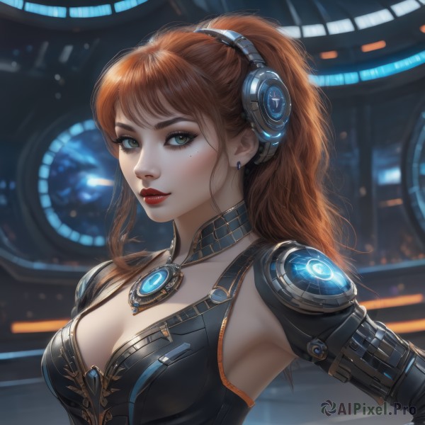 1girl,solo,long hair,breasts,looking at viewer,bangs,brown hair,cleavage,jewelry,medium breasts,green eyes,upper body,ponytail,earrings,parted lips,choker,necklace,orange hair,mole,blurry,lips,mole under eye,makeup,blurry background,headphones,lipstick,freckles,science fiction,realistic,nose,red lips,eyeliner,smile,closed mouth,artist name,armpits,eyelashes,headgear,gem