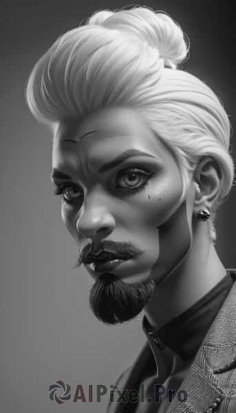 1girl,solo,looking at viewer,short hair,shirt,1boy,jewelry,closed mouth,jacket,monochrome,greyscale,male focus,earrings,parted lips,teeth,grey background,hair bun,mole,lips,gradient,gradient background,eyelashes,mole under eye,facial hair,facial mark,single hair bun,portrait,beard,realistic,nose,mustache,facial tattoo,artist name,makeup,goatee