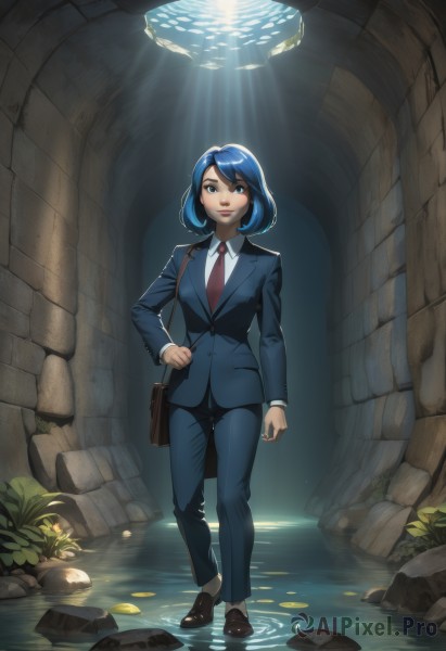 1girl,solo,breasts,looking at viewer,smile,short hair,bangs,blue eyes,shirt,long sleeves,closed mouth,blue hair,standing,jacket,full body,white shirt,necktie,shoes,collared shirt,pants,artist name,water,bag,lips,hand on hip,makeup,swept bangs,brown footwear,formal,sunlight,suit,plant,lipstick,red necktie,wading,fish,walking,light rays,rock,handbag,blue pants,sunbeam,business suit,pant suit,medium hair,black footwear