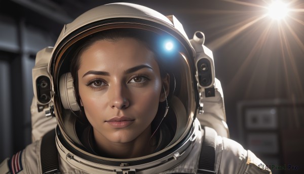 1girl,solo,looking at viewer,brown hair,black hair,brown eyes,closed mouth,upper body,indoors,blurry,lips,depth of field,blurry background,helmet,portrait,reflection,realistic,nose,light,spacesuit,space helmet,astronaut,close-up,forehead,backlighting,freckles,serious,space,planet,american flag