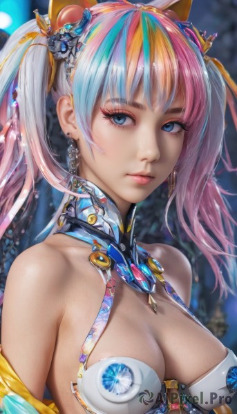 1girl,solo,long hair,breasts,looking at viewer,bangs,blue eyes,blonde hair,hair ornament,cleavage,bare shoulders,twintails,jewelry,medium breasts,closed mouth,blue hair,upper body,pink hair,multicolored hair,earrings,blurry,two-tone hair,lips,streaked hair,eyelashes,makeup,detached collar,blurry background,eyeshadow,nose,mascara,collarbone,shiny,artist name,shiny hair,from side,shiny skin,expressionless,gem,pink lips,realistic,eyeliner,rainbow hair