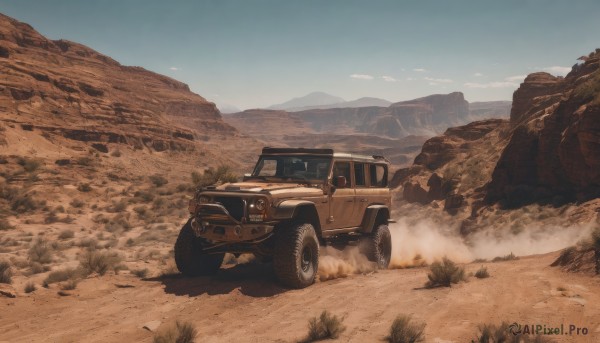 outdoors,sky,day,cloud,blue sky,no humans,ground vehicle,scenery,motor vehicle,smoke,mountain,sand,car,road,vehicle focus,desert,dust,truck,grass,rock,landscape,mountainous horizon,driving