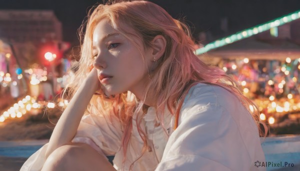 1girl,solo,long hair,blue eyes,blonde hair,brown hair,shirt,jewelry,sitting,white shirt,upper body,earrings,outdoors,parted lips,collared shirt,blurry,lips,night,depth of field,blurry background,hand on own face,head rest,realistic,nose,bokeh,city lights,orange hair,eyelashes,dress shirt,looking away,stud earrings,light