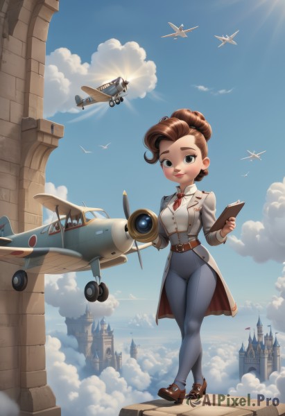 1girl,solo,breasts,looking at viewer,smile,brown hair,holding,jewelry,full body,earrings,outdoors,sky,shoes,day,belt,pants,cloud,uniform,black eyes,blue sky,lips,coat,military,military uniform,bird,brown footwear,building,flying,aircraft,sun,airplane,brown belt,vehicle focus,clipboard,castle,tower,short hair,long sleeves,ribbon,brown eyes,closed mouth,standing,jacket,artist name,hair bun,red ribbon,single hair bun,crossed legs,cloudy sky,lipstick,contrail,propeller