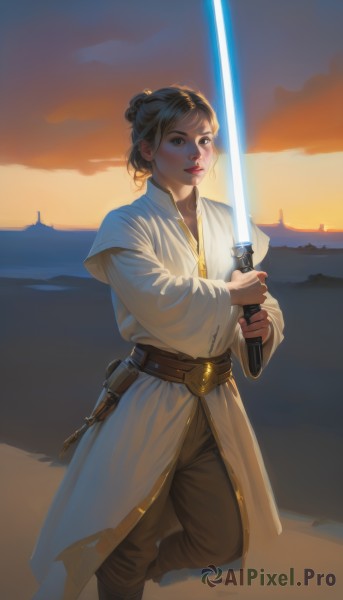 1girl,solo,short hair,brown hair,long sleeves,holding,brown eyes,jewelry,standing,weapon,outdoors,parted lips,sky,belt,pants,sword,hair bun,holding weapon,lips,makeup,holding sword,single hair bun,sheath,science fiction,sunset,robe,realistic,nose,white coat,energy sword,tunic,white robe,desert,lightsaber,looking at viewer,1boy,boots,water,ocean,beach