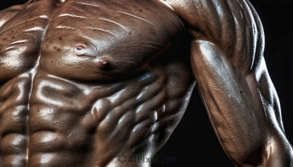 solo,simple background,1boy,navel,nipples,upper body,male focus,nude,shiny,shiny skin,muscular,abs,dark-skinned male,pectorals,muscular male,black background,bara,close-up,large pectorals,veins,topless male,realistic,manly,chest hair,biceps,body hair,veiny arms,pectoral focus,dark skin