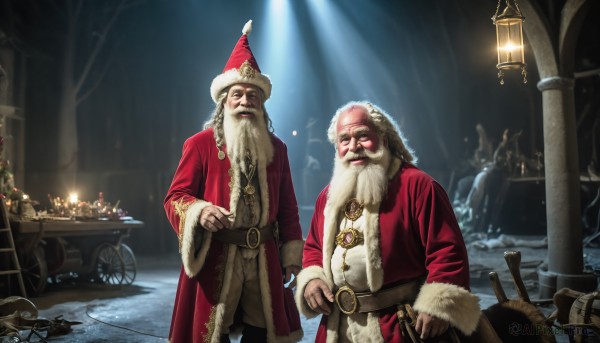 HQ,long sleeves,hat,jewelry,standing,white hair,male focus,multiple boys,belt,2boys,necklace,coat,fur trim,night,holding hands,facial hair,ground vehicle,christmas,red headwear,beard,snow,santa hat,santa costume,mustache,light,lamp,candle,bald,old,christmas tree,old man,wheelchair,smile,holding,closed mouth,weapon,outdoors,sword,signature,holding weapon,parody,ring,crown,knife,sheath,robe,red coat