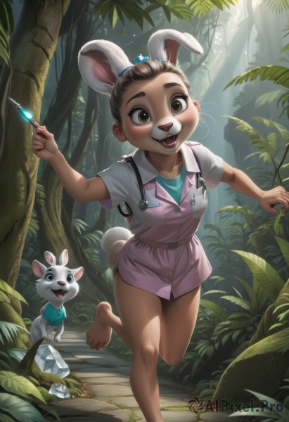 1girl,looking at viewer,blush,smile,open mouth,skirt,brown hair,shirt,holding,animal ears,brown eyes,standing,tail,full body,short sleeves,outdoors,barefoot,teeth,day,rabbit ears,vest,tree,bare legs,buttons,leg up,happy,sunlight,standing on one leg,grass,blue shirt,rabbit tail,pink dress,nature,furry,forest,pink skirt,pocket,running,rabbit,light rays,rock,nurse cap,rabbit girl,furry female,nurse,breast pocket,blue vest,hair pulled back,stethoscope,holding syringe,buck teeth,solo,hair ornament,toes,animal,leaf,mouse ears,syringe,mouse