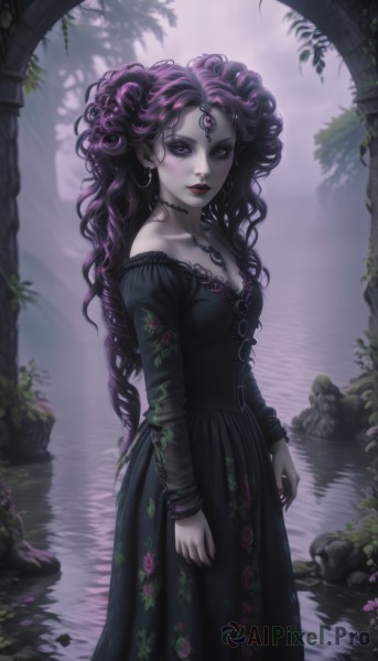 1girl,solo,long hair,breasts,looking at viewer,long sleeves,dress,cleavage,bare shoulders,jewelry,medium breasts,very long hair,closed mouth,standing,purple eyes,collarbone,purple hair,flower,earrings,outdoors,choker,pointy ears,water,necklace,off shoulder,nail polish,black dress,bracelet,tree,lips,makeup,colored skin,wavy hair,floral print,ring,plant,lipstick,gem,third eye,pale skin,black nails,wading,curly hair,skull,off-shoulder dress,long dress,red lips,grey skin,forehead jewel,gothic,black hair,artist name,facial mark,crescent,forehead mark