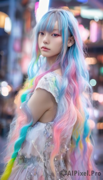 1girl,solo,long hair,breasts,looking at viewer,bangs,blue eyes,dress,bare shoulders,very long hair,blue hair,upper body,pink hair,multicolored hair,parted lips,white dress,blurry,two-tone hair,lips,see-through,gradient hair,makeup,depth of field,blurry background,wavy hair,lipstick,eyeshadow,realistic,nose,closed mouth,artist name,blunt bangs,watermark,bokeh