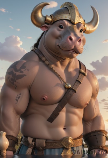 solo,looking at viewer,1boy,navel,animal ears,jewelry,nipples,upper body,weapon,braid,male focus,outdoors,horns,sky,belt,cloud,necklace,stomach,black eyes,tattoo,muscular,facial hair,abs,helmet,pectorals,muscular male,bara,furry,large pectorals,topless male,plump,cow ears,cow horns,fake horns,furry male,chinese zodiac,fat,harness,chest hair,whiskers,fat man,nose piercing,horned helmet,cow boy,brown hair,water,piercing,sunset,realistic,tusks,minotaur