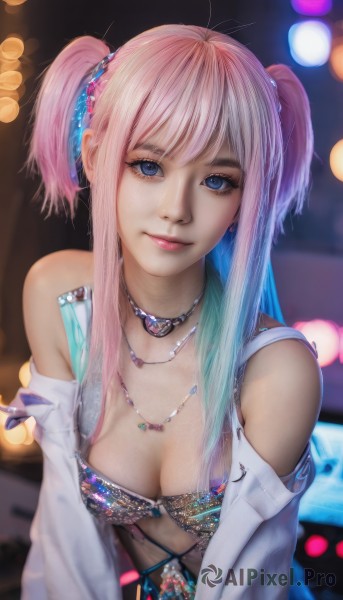 1girl,solo,long hair,breasts,looking at viewer,smile,bangs,blue eyes,hair ornament,cleavage,bare shoulders,twintails,jewelry,medium breasts,closed mouth,blue hair,upper body,pink hair,sidelocks,multicolored hair,earrings,detached sleeves,necklace,blurry,two-tone hair,two side up,lips,head tilt,eyelashes,gradient hair,makeup,leaning forward,depth of field,blurry background,lipstick,pink lips,realistic,nose,swimsuit,bikini,artist name,off shoulder,bra,gem,bokeh