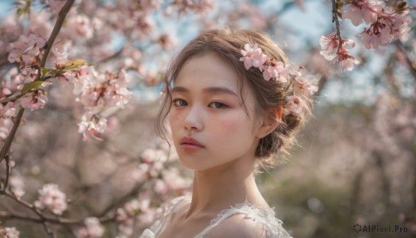 1girl, solo, looking at viewer, short hair, blonde hair, hair ornament, upper body, flower, outdoors, day, hair flower, blurry, tree, lips, depth of field, blurry background, cherry blossoms, portrait, realistic, nose, branch