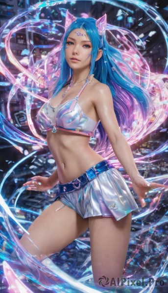 1girl,solo,long hair,breasts,looking at viewer,blue eyes,skirt,navel,animal ears,cleavage,bare shoulders,brown eyes,jewelry,medium breasts,underwear,blue hair,standing,tail,swimsuit,bikini,multicolored hair,pleated skirt,midriff,belt,miniskirt,necklace,stomach,nail polish,bra,two-tone hair,lips,crop top,fingernails,see-through,fox ears,gradient hair,fake animal ears,facial mark,bikini top only,realistic,hair ornament,shorts,watermark