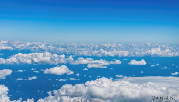 monochrome,outdoors,sky,day,cloud,blue sky,no humans,bird,ocean,cloudy sky,scenery,blue theme,horizon,cityscape,landscape,above clouds,building,city