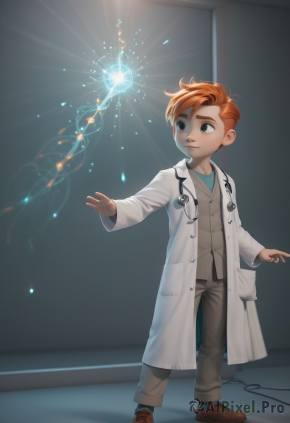 solo,smile,blue eyes,long sleeves,1boy,standing,full body,male focus,shoes,pants,indoors,orange hair,brown footwear,child,freckles,labcoat,magic,light,male child,stethoscope,artist name,black eyes,aged down,fireworks,doctor